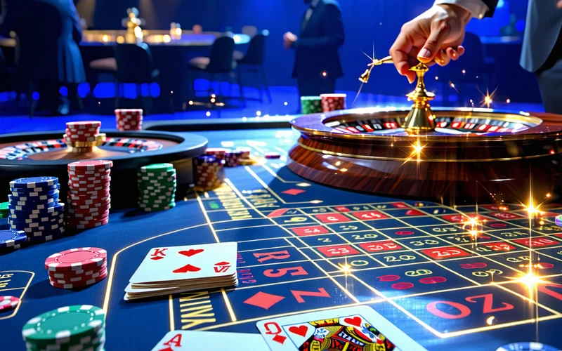 Hình ảnh các trò chơi sòng bạc trực tuyến phổ biến trên QQ88 như Baccarat, Roulette, Blackjack, với dealer người thật và giao diện hiện đại.